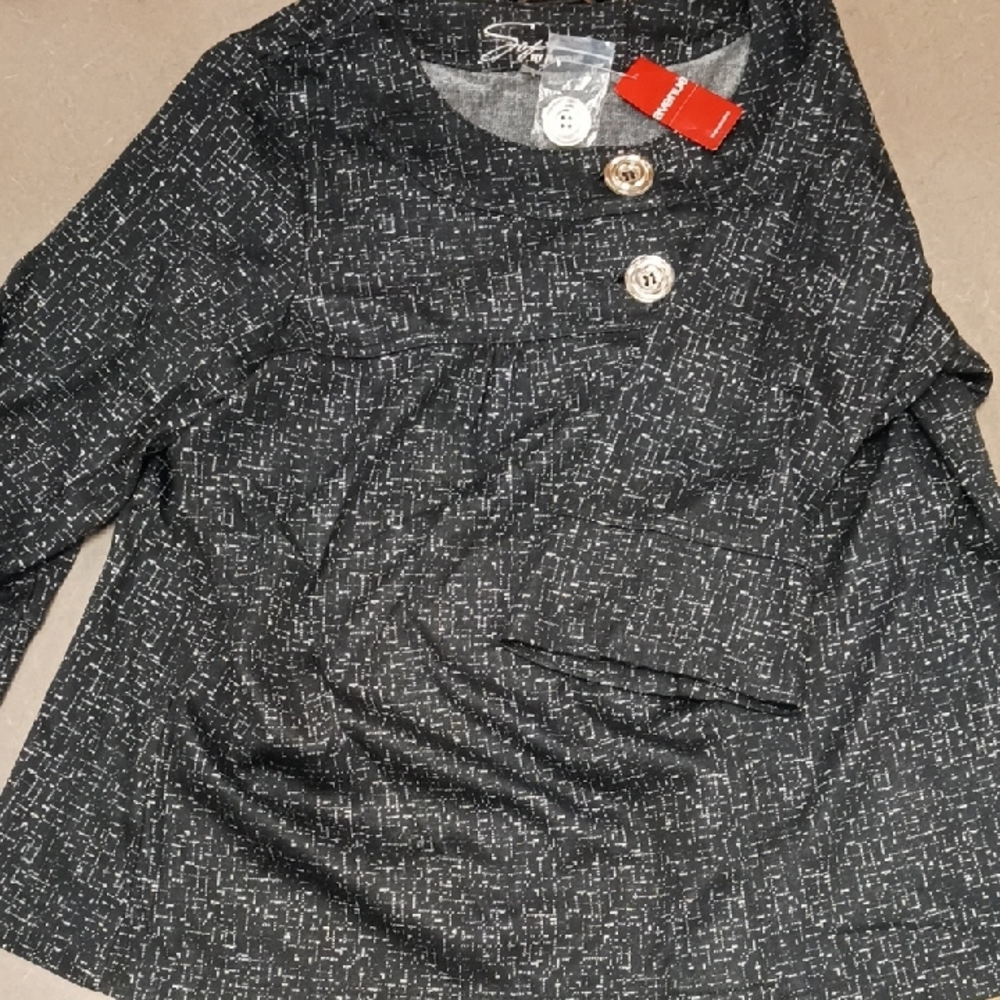 Textured Black Tweed-Look Button Detail Top